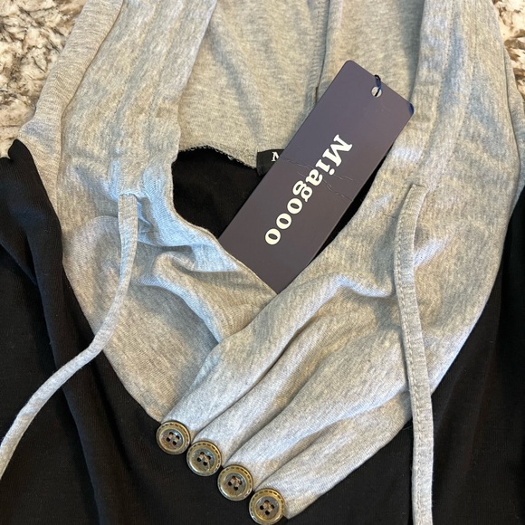 L New Miagooo Two Tone Assymetrical Hem Pocket Hoodie Tunic Black Gray Large - Picture 9 of 10